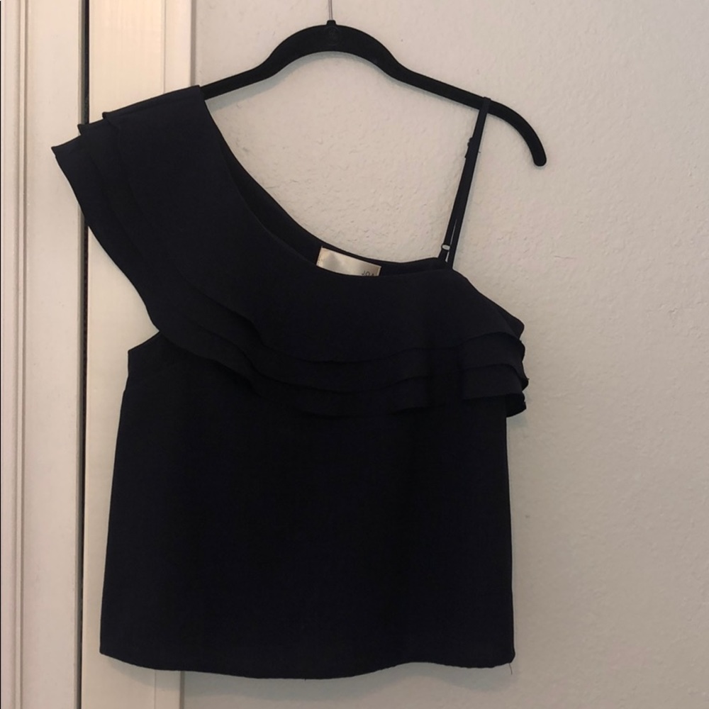 Navy Blue One Shoulder Ruffle Blouse